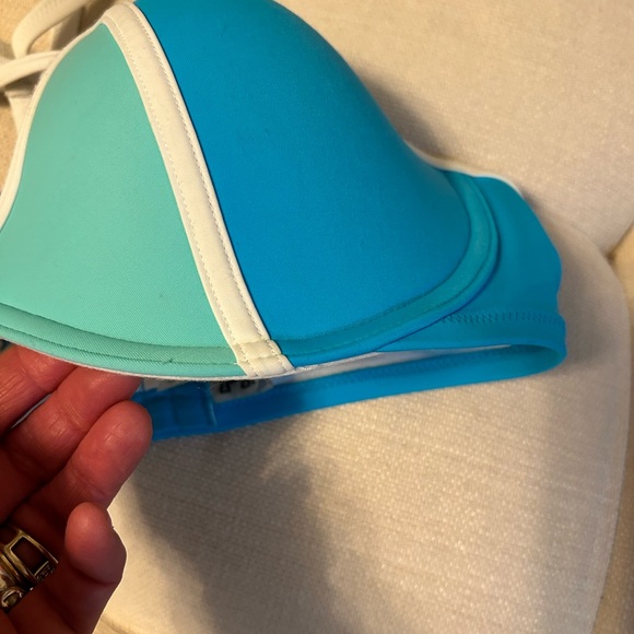 PINK Victoria's Secret Aqua/Blue/White Bikini Top T-Back Padded women’s Sz D-DD - Picture 7 of 13